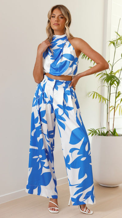 Load image into Gallery viewer, Stella Pants and Top Set - Blue/White Floral
