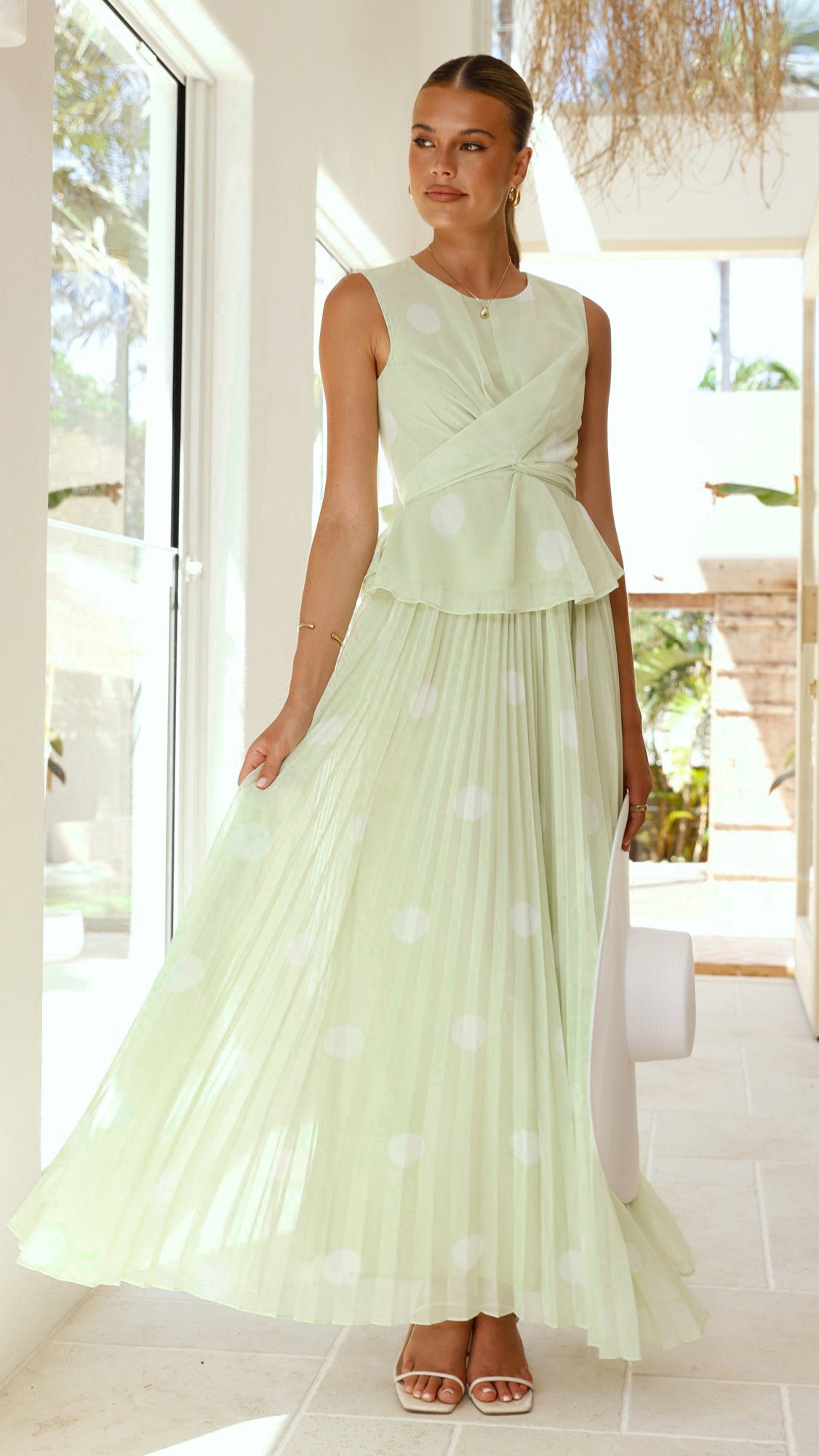 Cambree Peplum Top and Maxi Skirt Set - Sage / White Polka Dot - Billy J