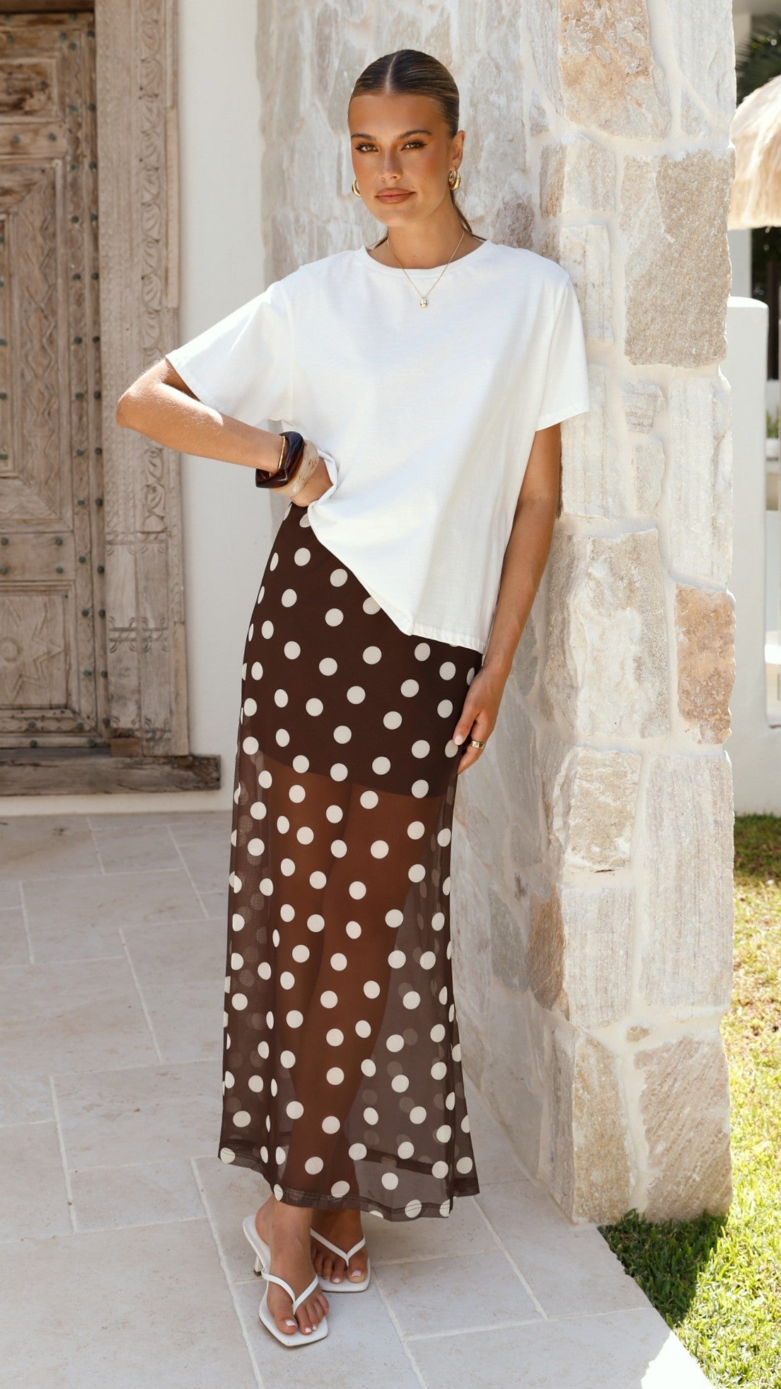Onella Semi Sheer Maxi Skirt - Chocolate / White Polka Dot - Billy J