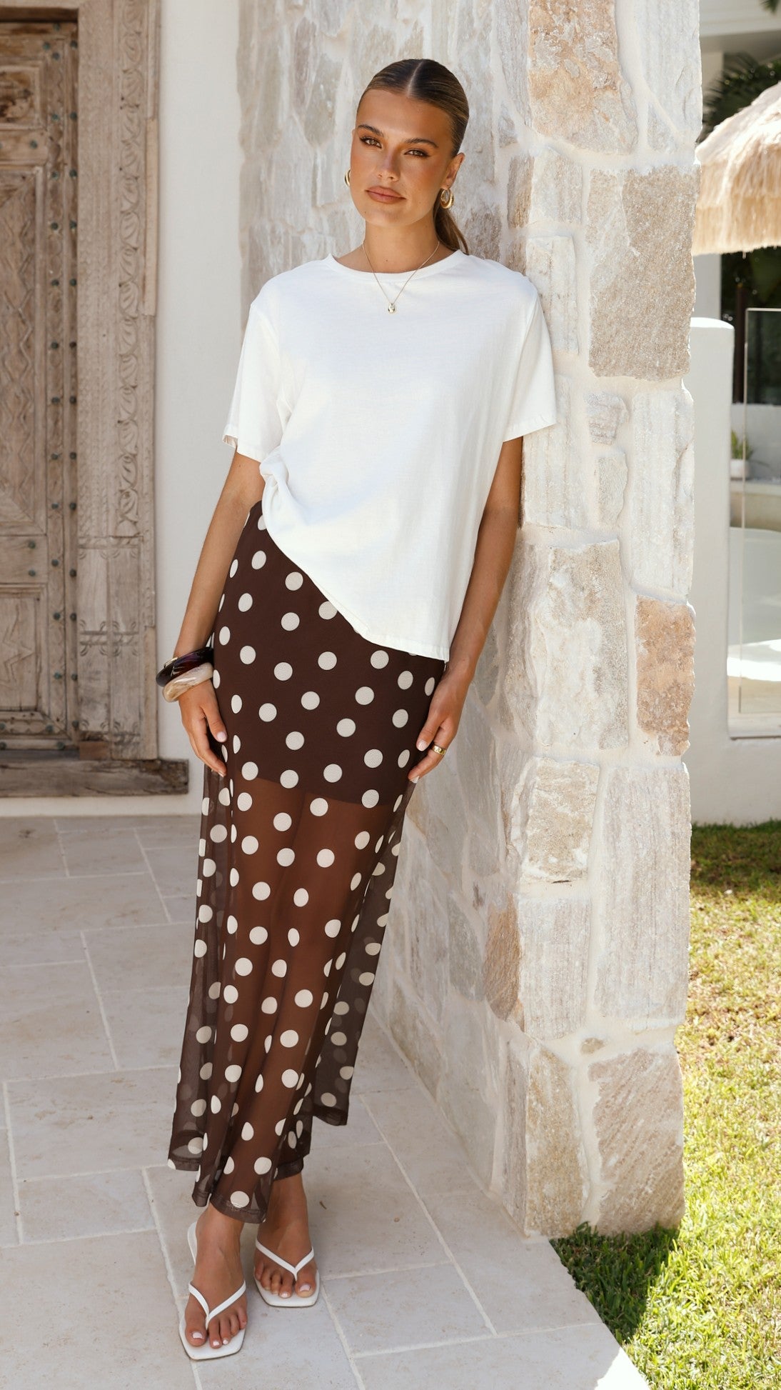 Onella Semi Sheer Maxi Skirt - Chocolate / White Polka Dot - Billy J