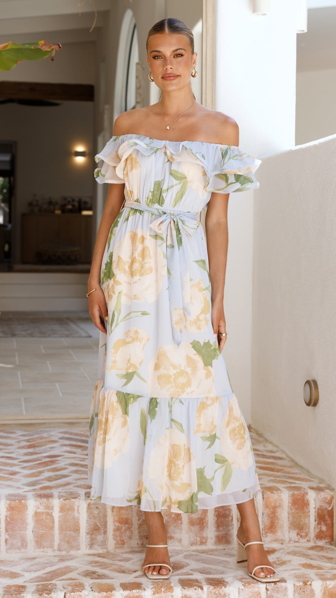Chase Off Shoulder Maxi Dress - Blue/Peach Floral - Billy J