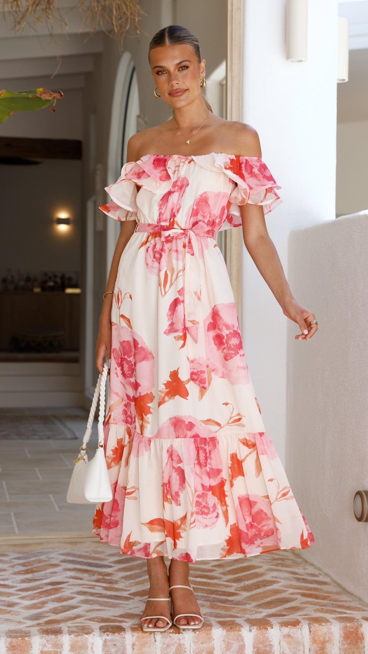 Chase Off Shoulder Maxi Dress- Pink Floral - Billy J