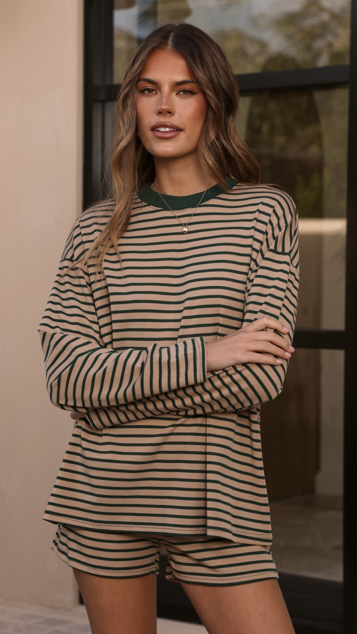 Flossie Long Sleeve Top and Shorts Set - Beige/Green Stripe - Billy J