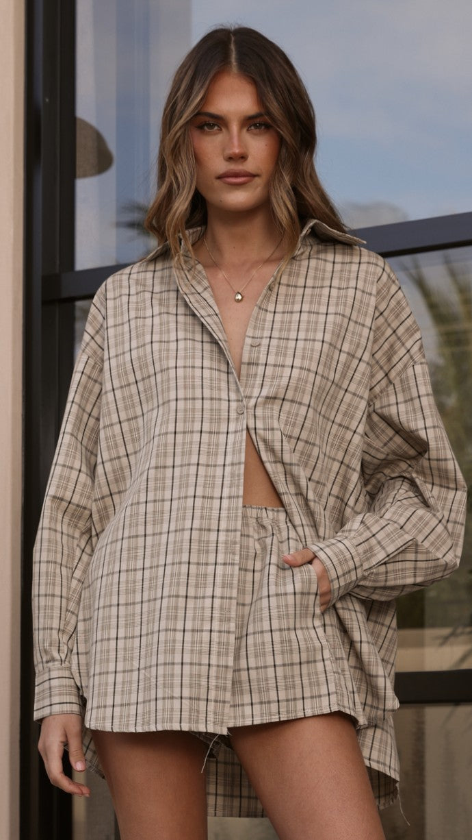 Arli Button Up Shirt - Beige/Brown Plaid - Billy J