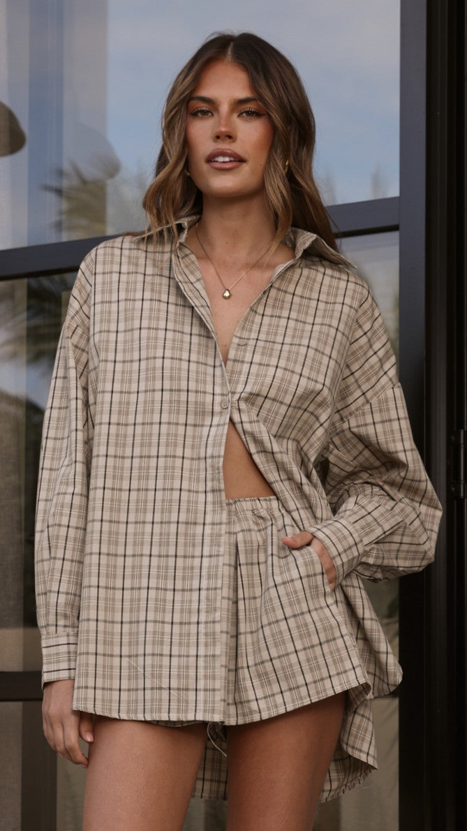 Arli Button Up Shirt - Beige/Brown Plaid - Billy J