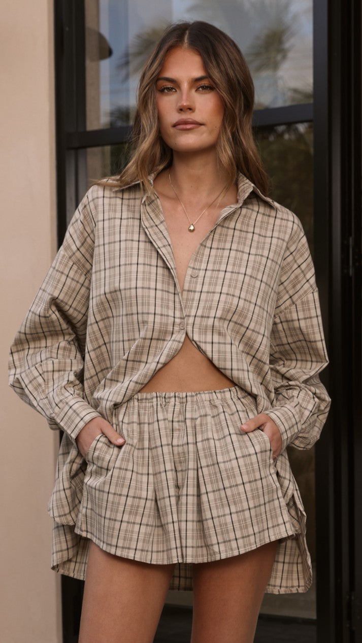 Arli Button Up Shirt - Beige/Brown Plaid - Billy J