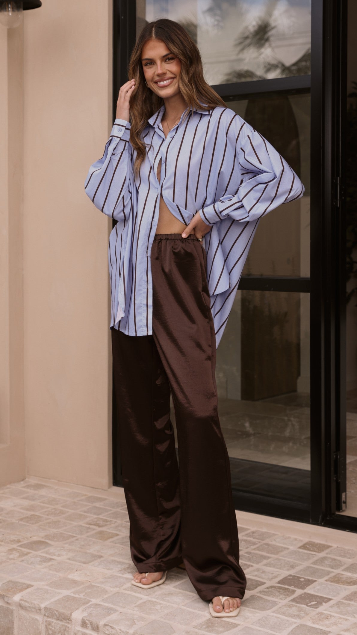Arli Button Up Shirt - Blue/Brown Stripe - Billy J