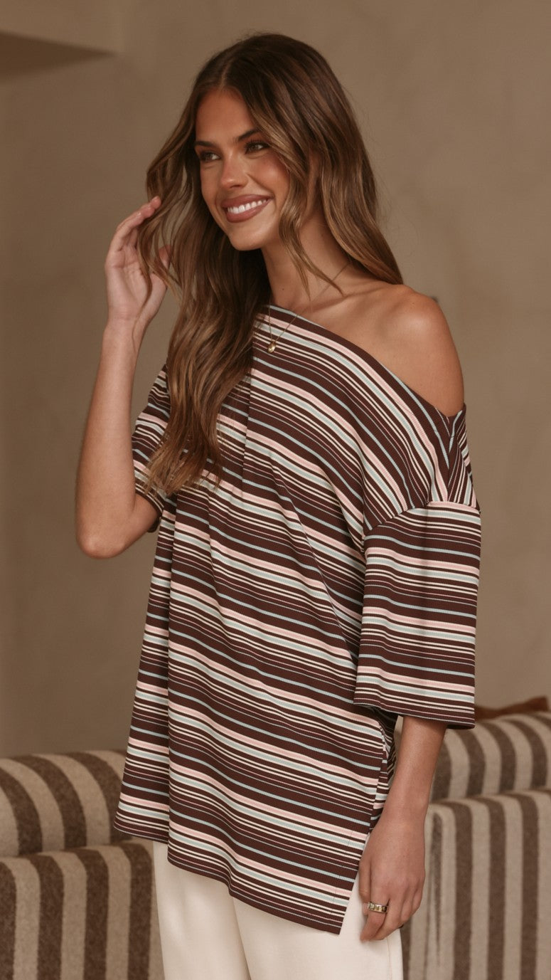 Pia One Shoulder Oversize Tee - Choc/Blue Stripe - Billy J