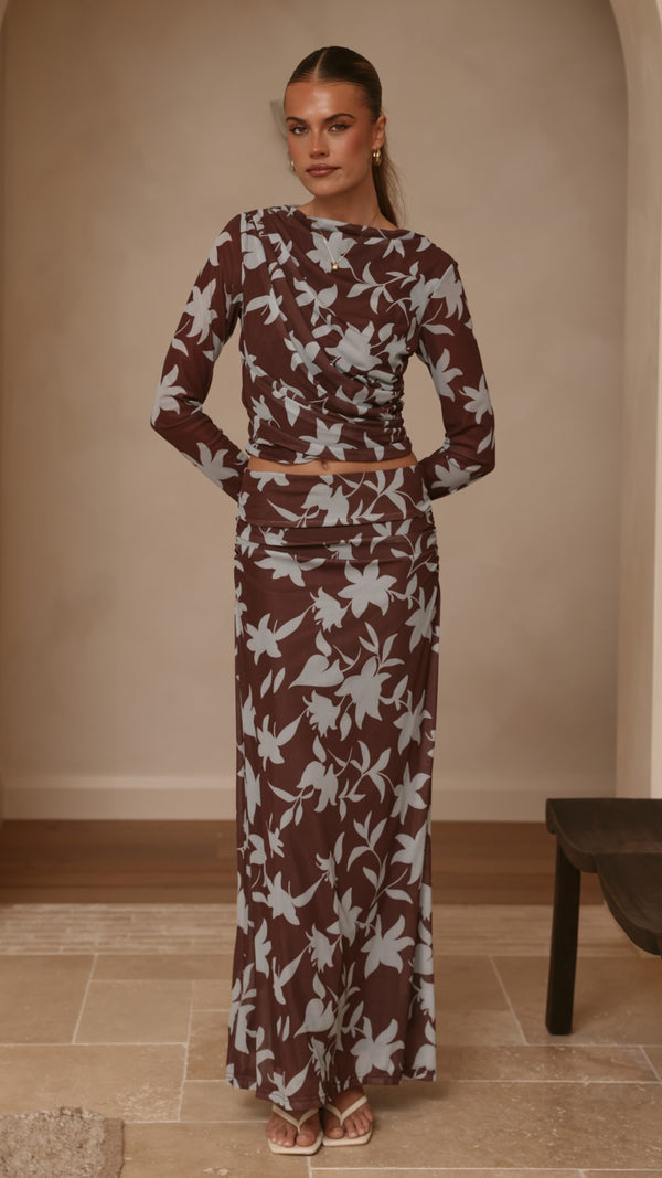 Ellita Maxi Skirt - Chocolate/Blue Print - Billy J