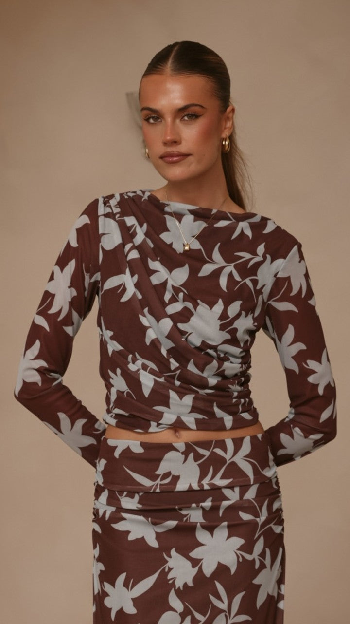 Adira Long Sleeve Top - Chocolate/Blue Print - Billy J