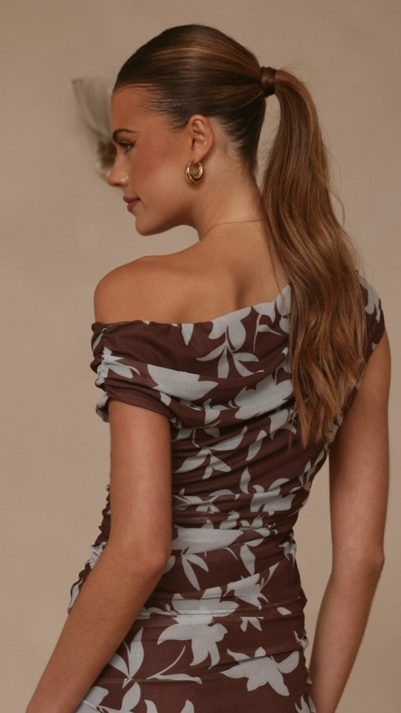 Ellita Off Shoulder Top - Chocolate/Blue Print - Billy J