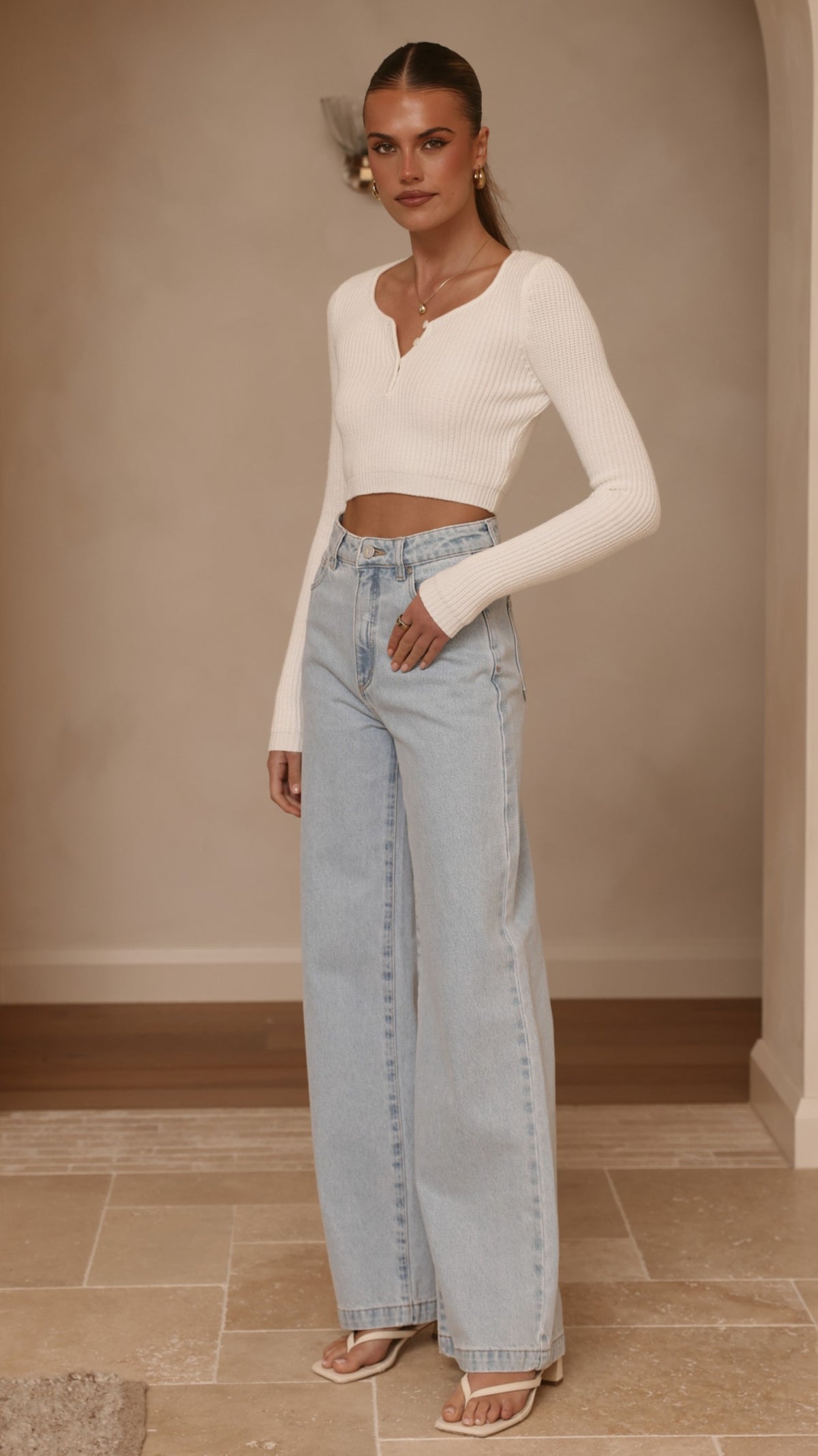 Lacy Long Sleeve Top - White - Billy J