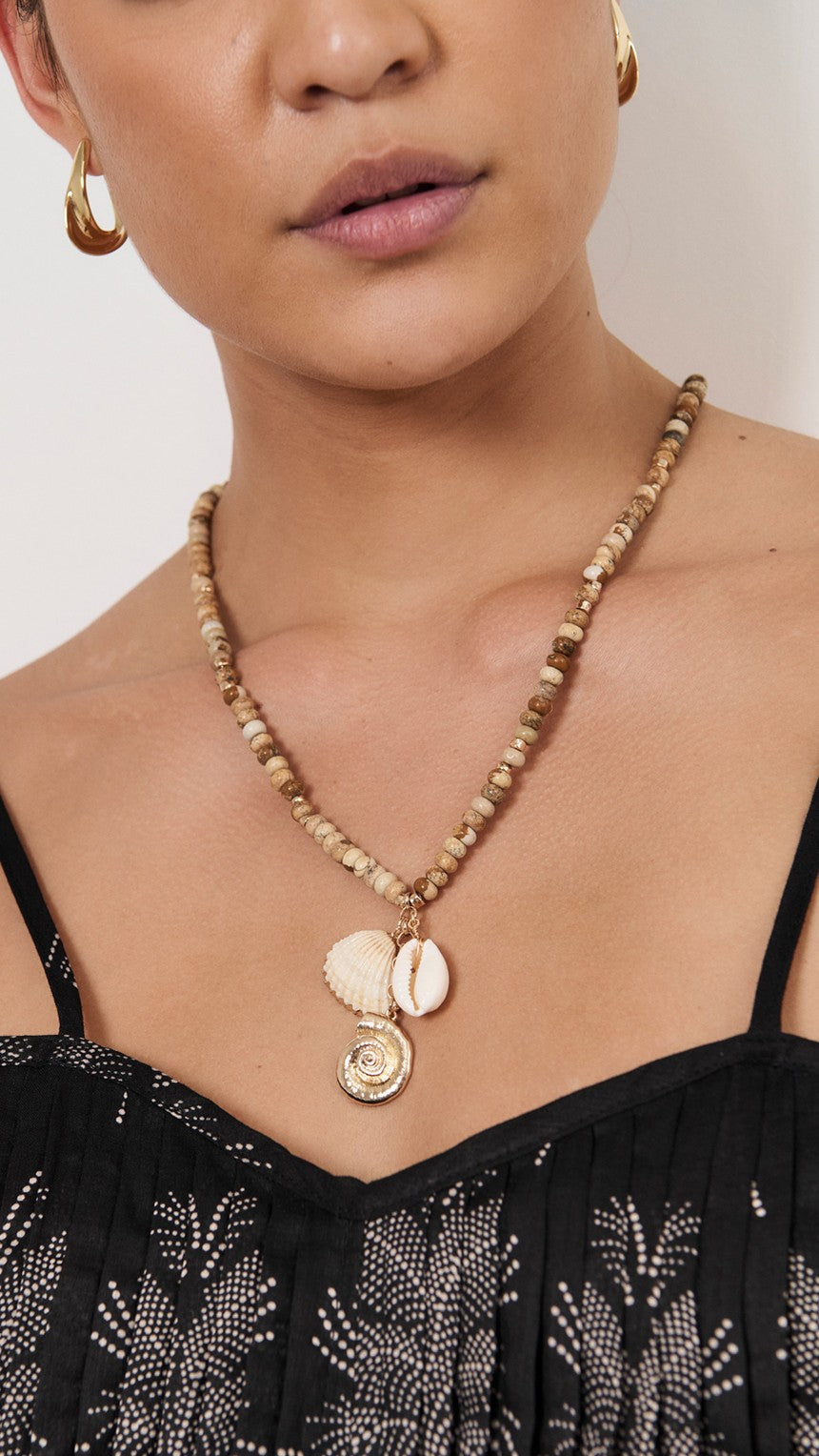 Beaded Cluster Drop Necklace - Camel/White - Billy J