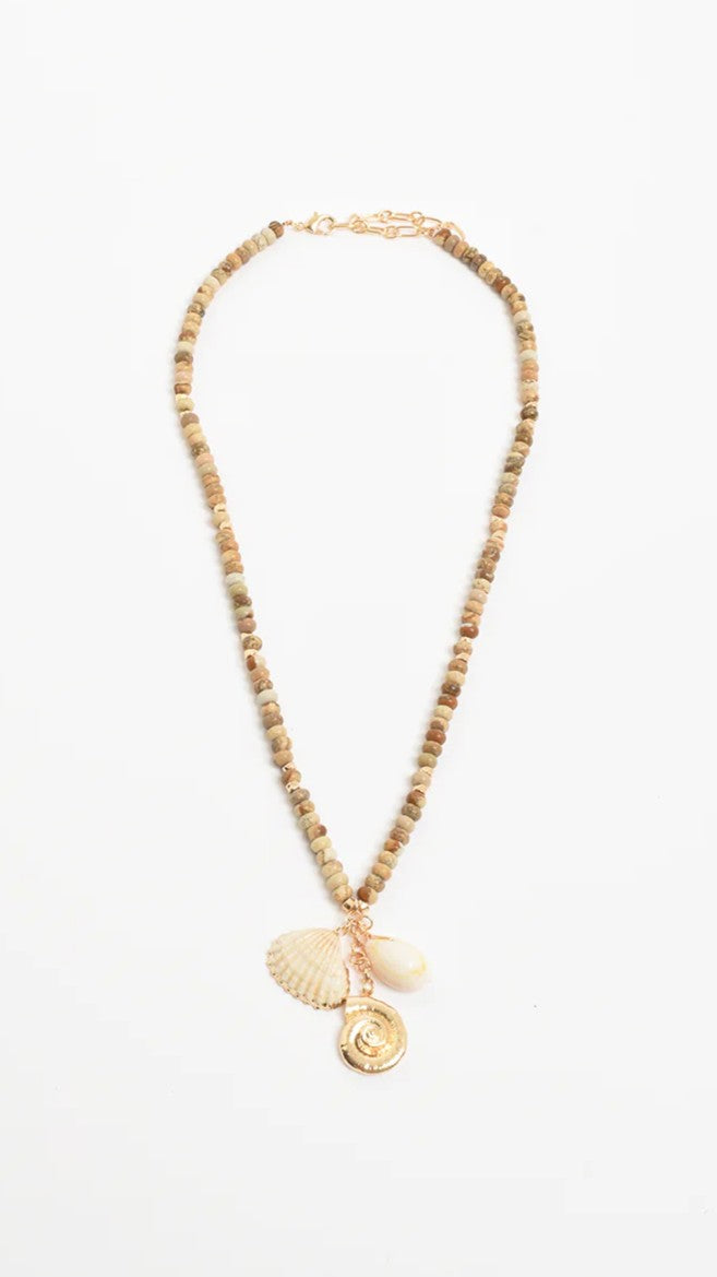 Beaded Cluster Drop Necklace - Camel/White - Billy J
