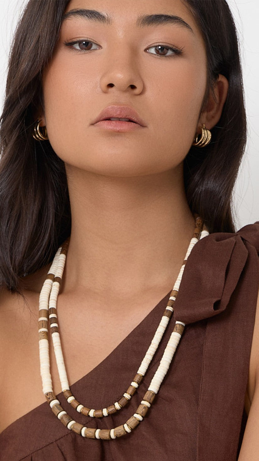 Double Row Stone and Timber Bead Necklace - Choc/Cream - Billy J