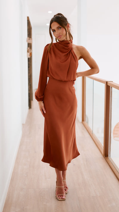 Load image into Gallery viewer, Esther One Shoulder Long Sleeve Dress - Copper
