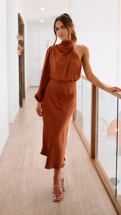 Load image into Gallery viewer, Esther One Shoulder Long Sleeve Dress - Copper - Billy J

