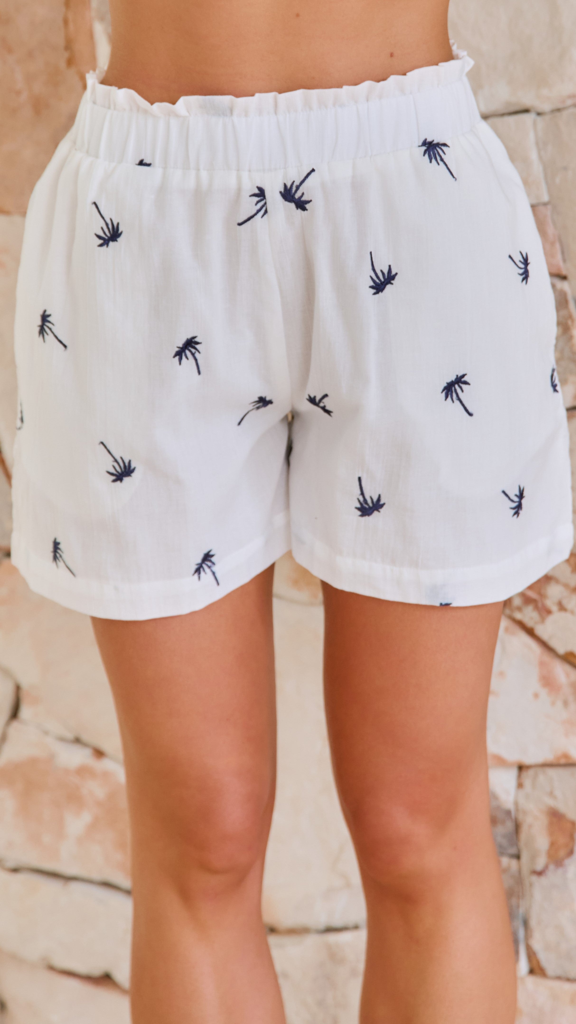Palm Embroidered Shorts - White / Navy