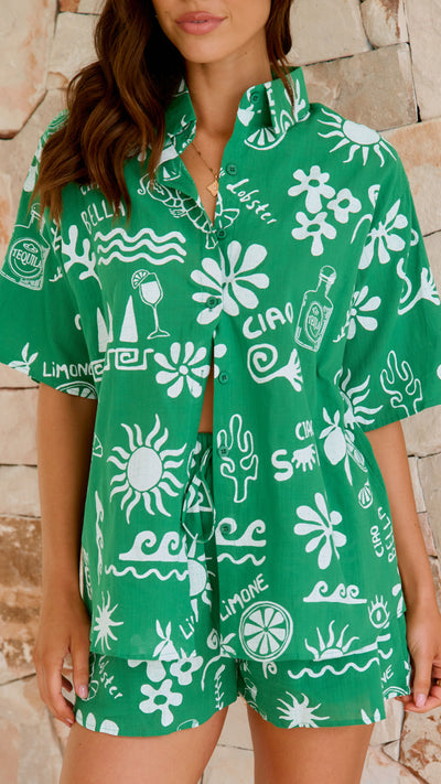 Load image into Gallery viewer, Charli Button Up Shirt and Shorts Set - Green / White Lobster Print
