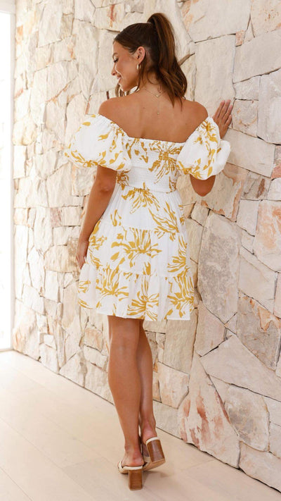 Load image into Gallery viewer, Bronty Mini Dress - Yellow Floral - Billy J
