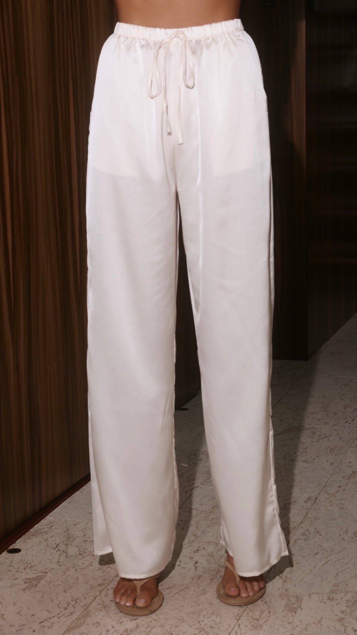 Helaine Off Shoulder Sequin Top and Satin Pants Set - White - Billy J
