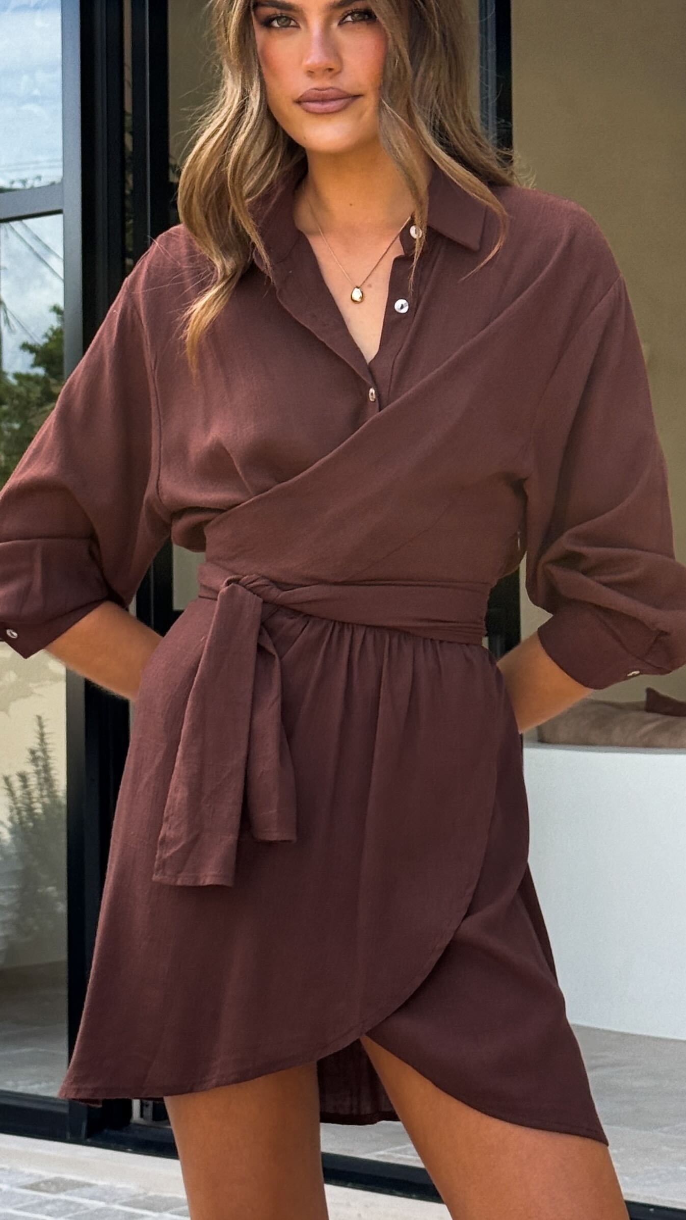 Zaida Shirt Mini Dress - Chocolate - Billy J
