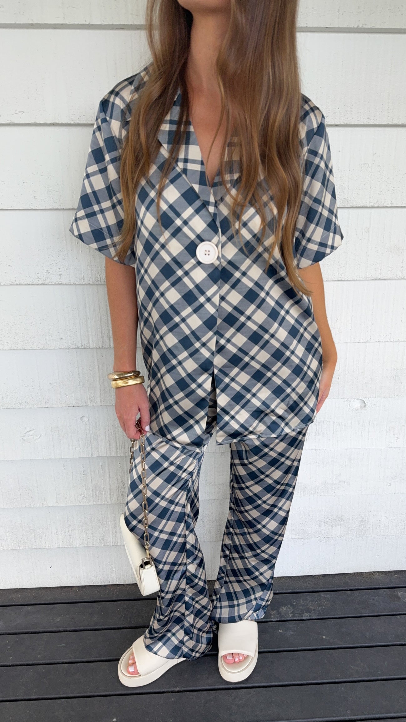 Imogen Button Pants - Blue/Cream Plaid - Billy J