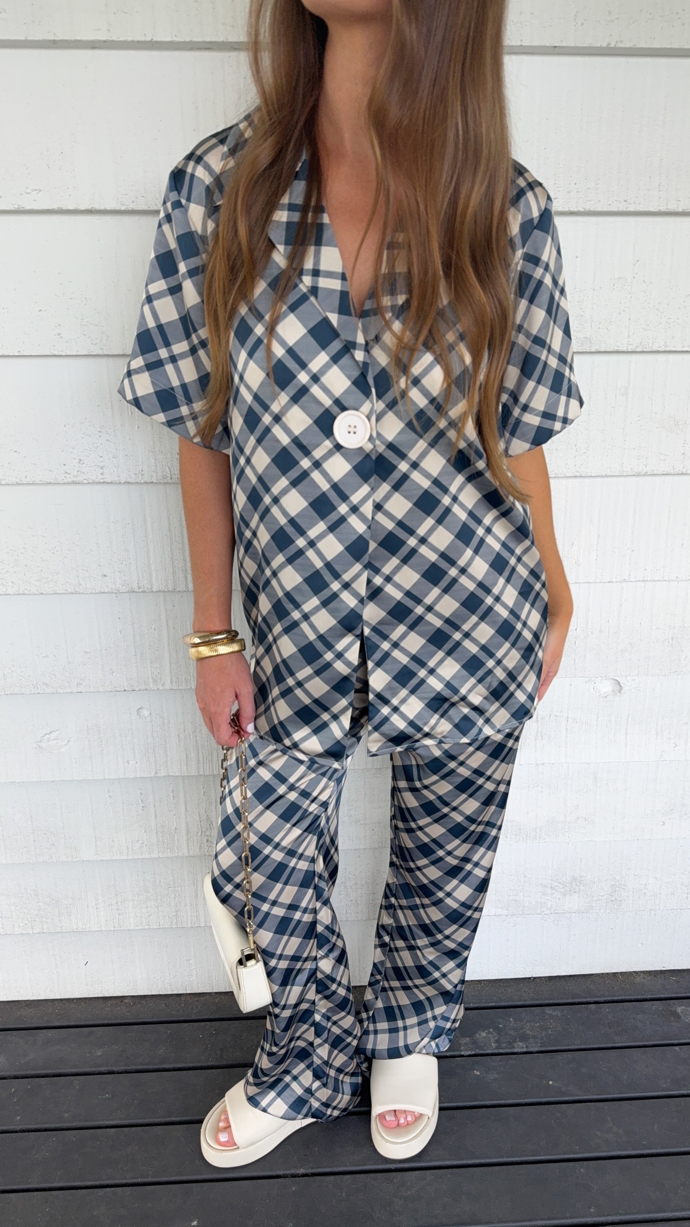 Imogen Button Pants - Blue/Cream Plaid - Billy J
