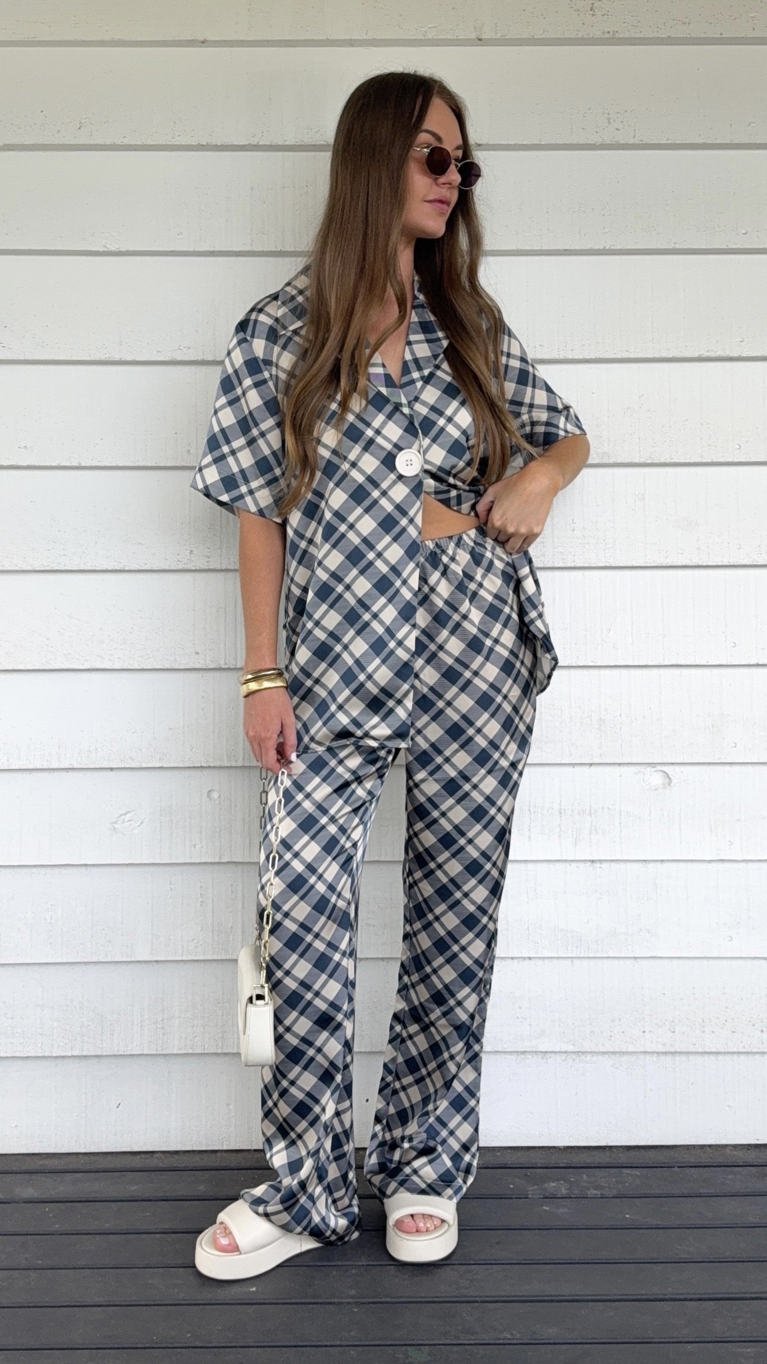 Imogen Button Pants - Blue/Cream Plaid - Billy J