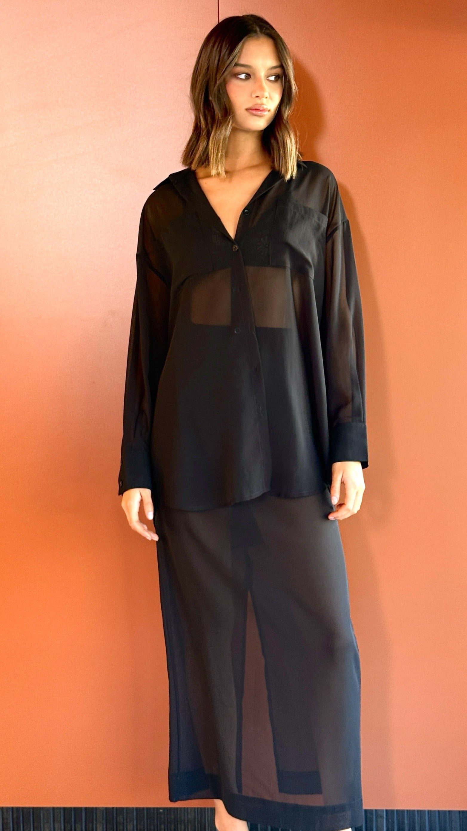 Adella Sheer Long Sleeve Top and Maxi Skirt Set - Black - Billy J