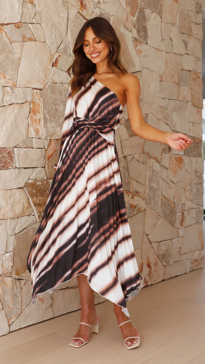 Load image into Gallery viewer, Brooklyn One Shoulder Midi Dress - Brown White Stripe
