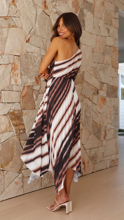 Load image into Gallery viewer, Brooklyn One Shoulder Midi Dress - Brown White Stripe
