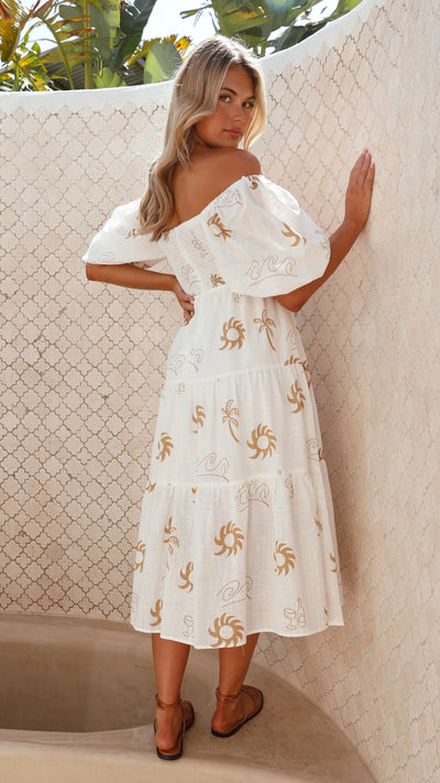 Load image into Gallery viewer, Imogen Midi Dress - White/Beige Sun
