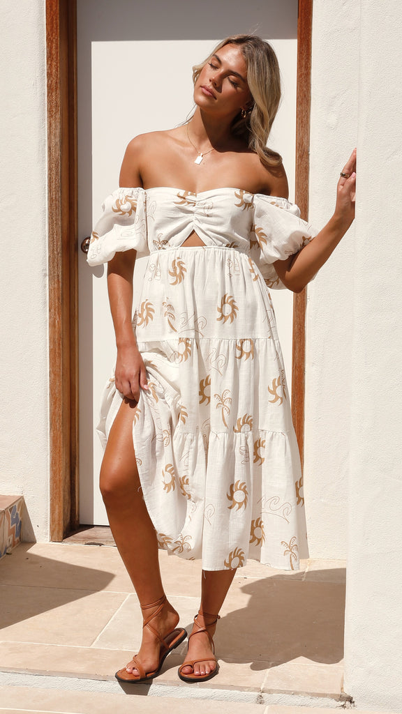 Imogen Midi Dress - White/Beige Sun
