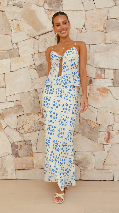 Load image into Gallery viewer, Marieen Top and Maxi Skirt Set - Cream/Blue Floral - Billy J
