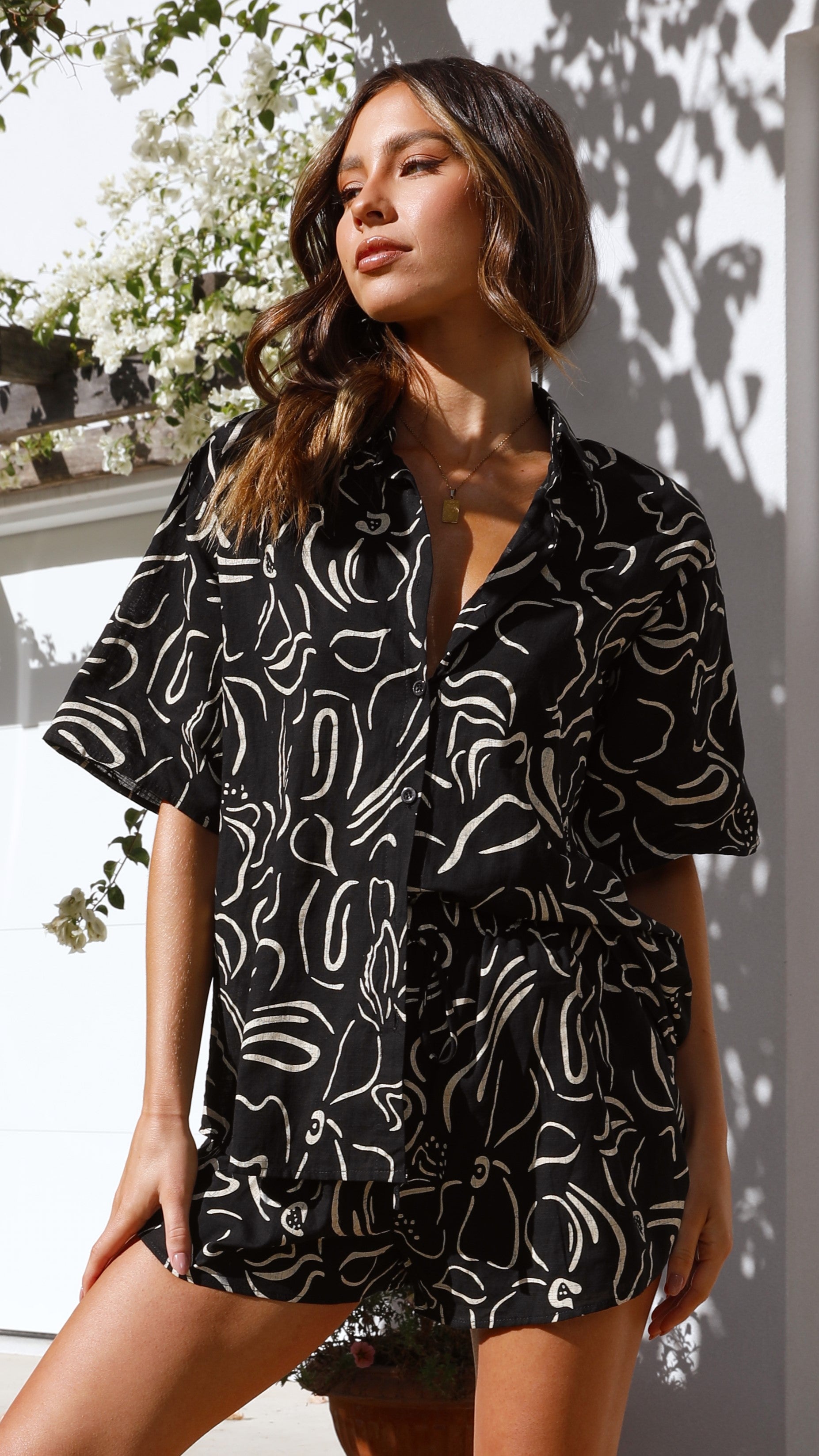 Charli Button Up Shirt and Shorts Set - Black/White Floral
