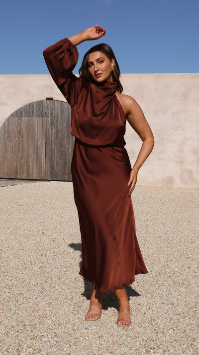 Load image into Gallery viewer, Esther One Shoulder Long Sleeve Dress - Brown - Billy J
