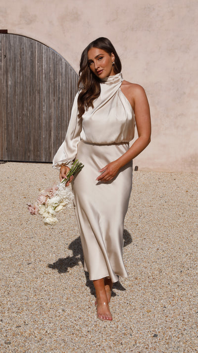 Load image into Gallery viewer, Esther One Shoulder Long Sleeve Dress - Champagne - Billy J
