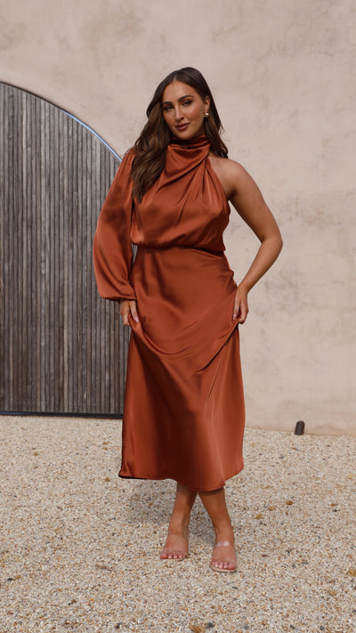 Load image into Gallery viewer, Esther One Shoulder Long Sleeve Dress - Copper
