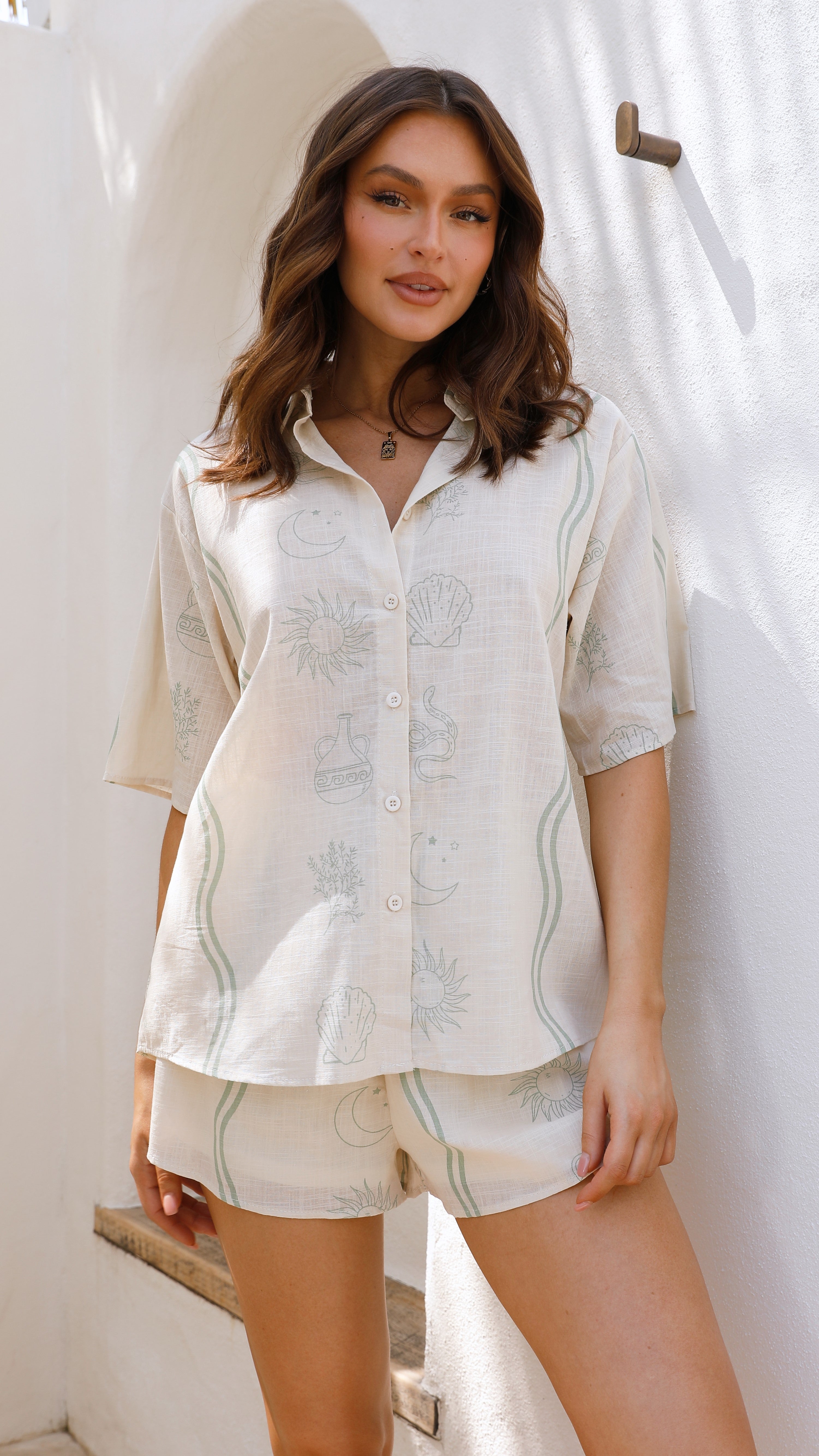 Charli Button Up Shirt and Shorts Set - Beige/Sage Sun