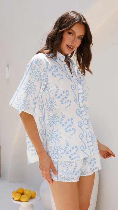 Load image into Gallery viewer, Charli Button Up Shirt and Shorts Set - White/Blue
