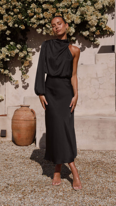 Load image into Gallery viewer, Esther One Shoulder Long Sleeve Dress - Black - Billy J
