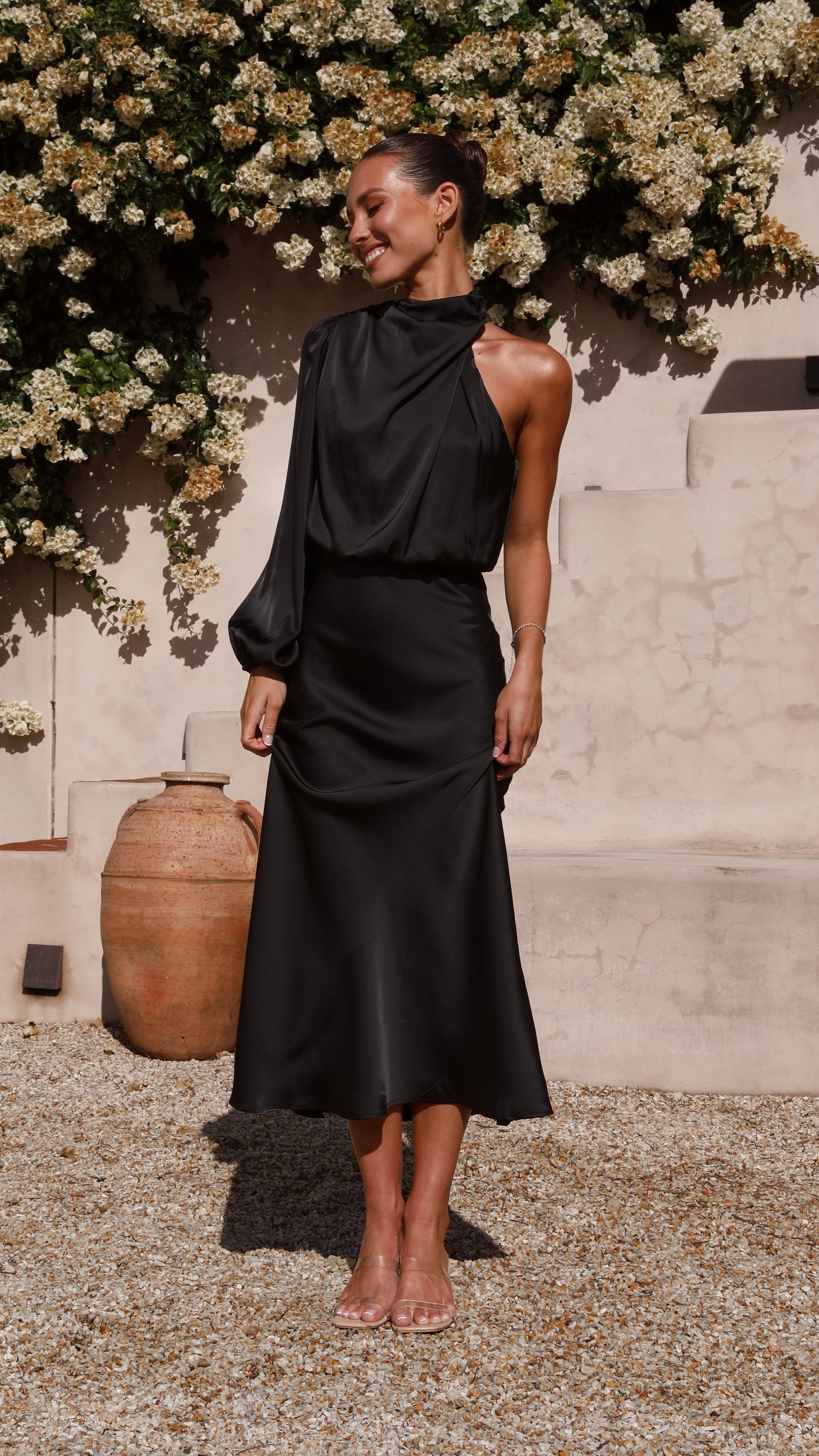 Esther One Shoulder Long Sleeve Dress - Black