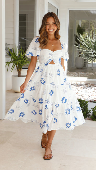 Load image into Gallery viewer, Imogen Midi Dress - White/Blue Sun

