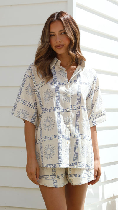 Load image into Gallery viewer, Charli Button Up Shirt and Shorts Set - Beige/Blue Print
