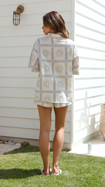 Load image into Gallery viewer, Charli Button Up Shirt and Shorts Set - Beige/Blue Print
