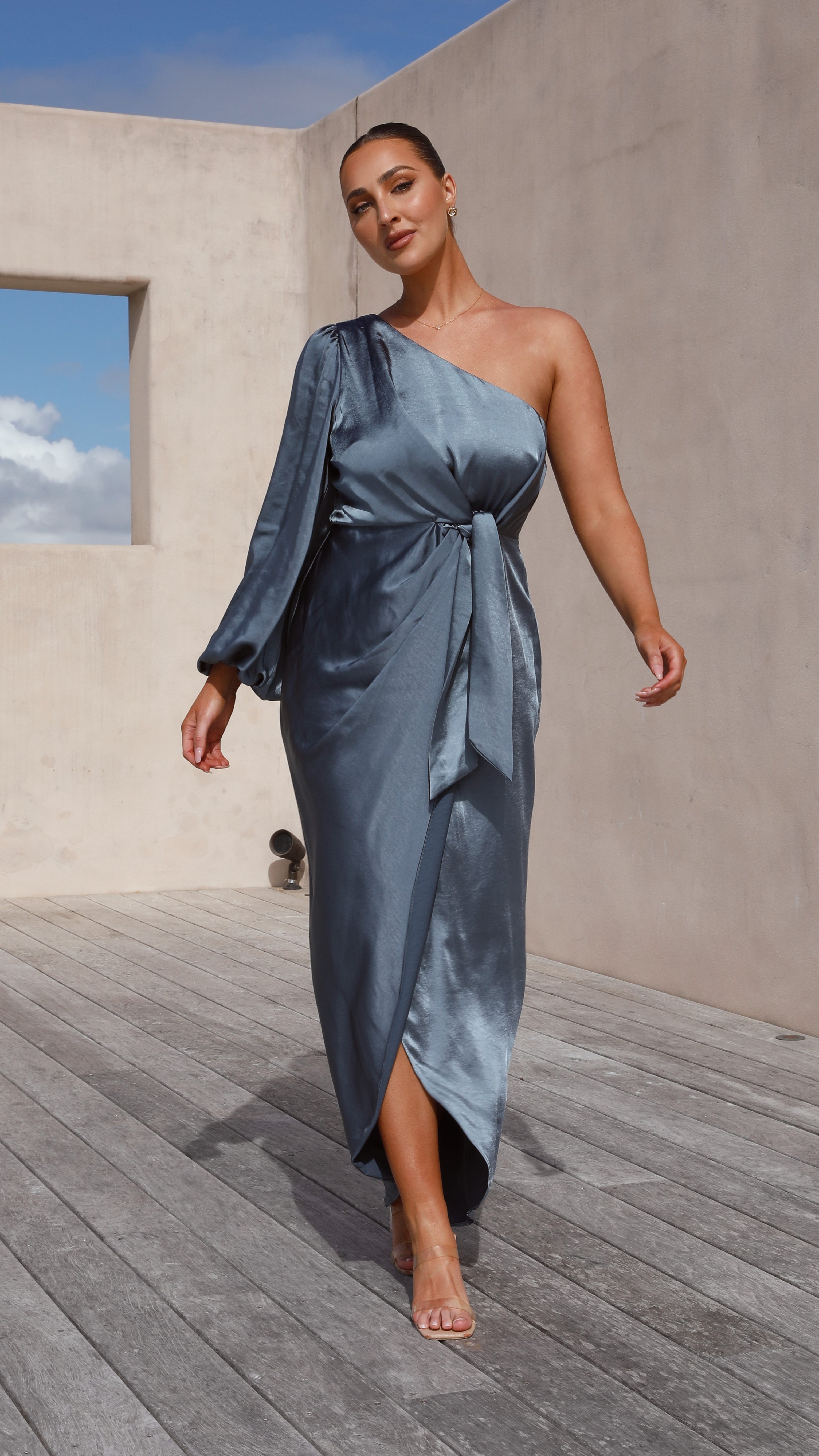 Heidi One Shoulder Maxi Dress - Slate Blue - Billy J