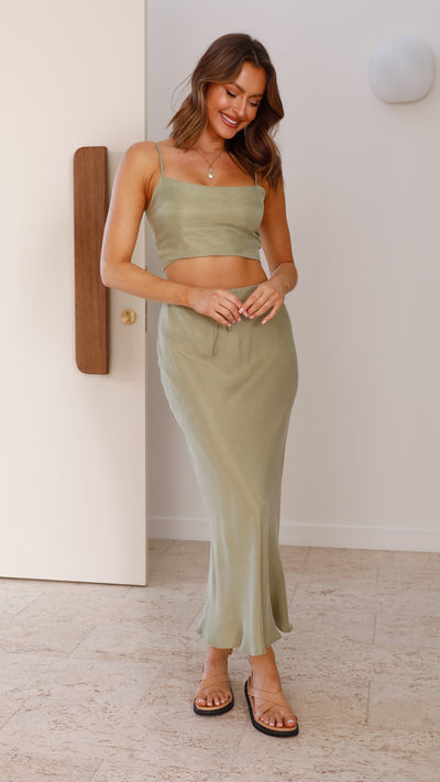 Electra Ruched Panelled Cotton Maxi Skirt in Pastel Green  Oh Polly