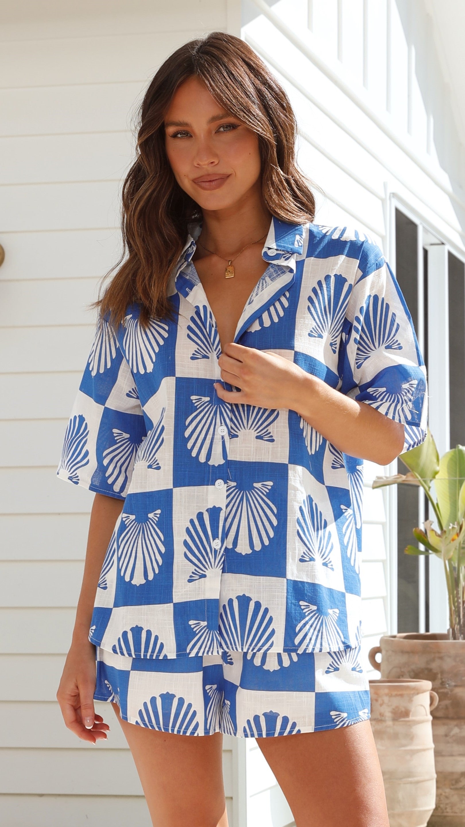 Charli Button Up Shirt and Shorts Set - Blue / White - Buy Women's Sets ...