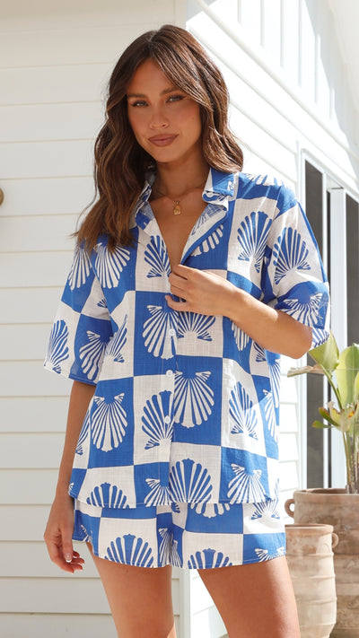 Load image into Gallery viewer, Charli Button Up Shirt and Shorts Set - Blue / White
